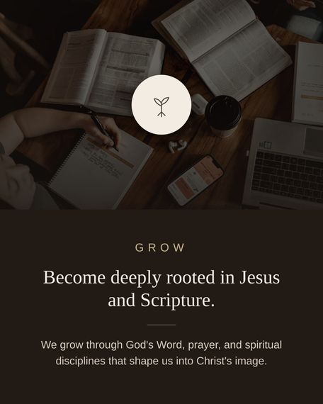 Open Bible and laptop on a dark desk with the text, “Become deeply rooted in Jesus and Scripture.”