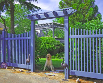 Violet fence with a dog in the entrance – Branchburg, NJ - Eagle Fence Supply Inc