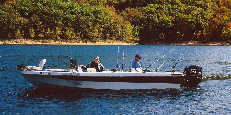 Two men are fishing in a boat that says mercury on the side
