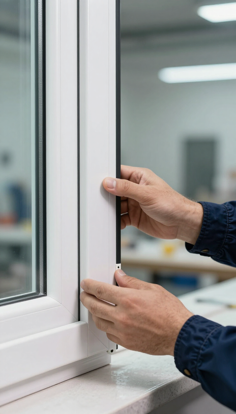 Mani che installano un telaio di finestra bianco in un ambiente interno luminoso.