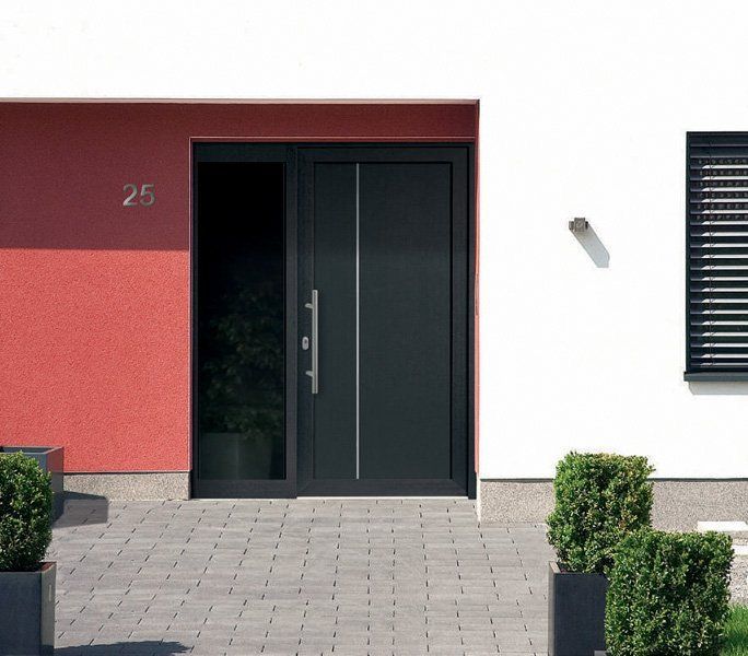 Ingresso di casa moderna con doppia porta scura, parete color bordeaux e arbusti in vaso.