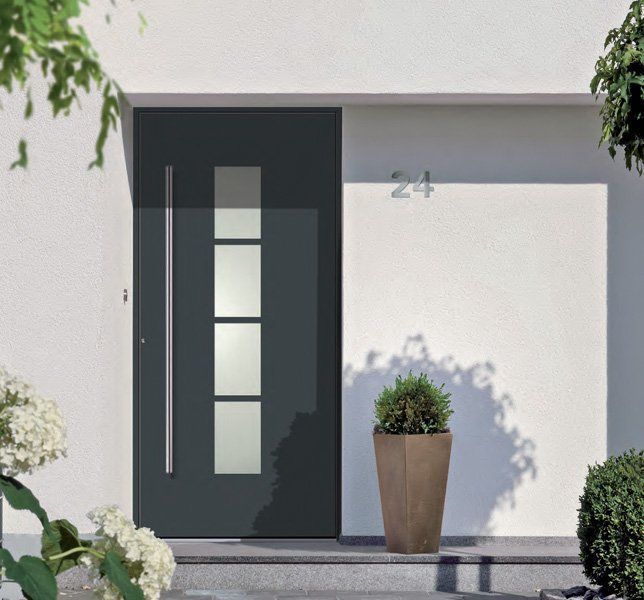 Ingresso moderno di una casa bianca con porta scura, luci laterali e una pianta in vaso vicino alla parete.