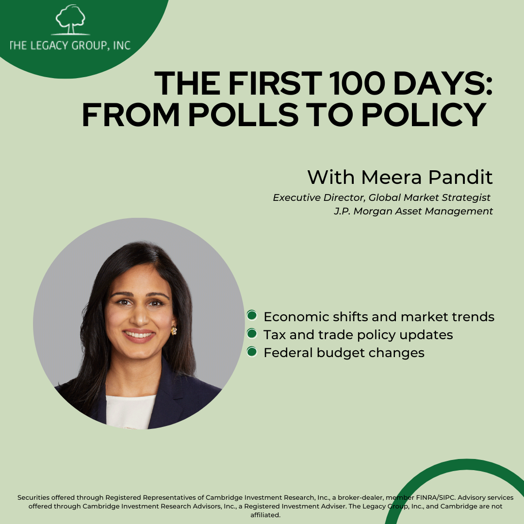 Promo poster for “The First 100 Days: From Polls to Policy” with Meera Pandit on a green background.
