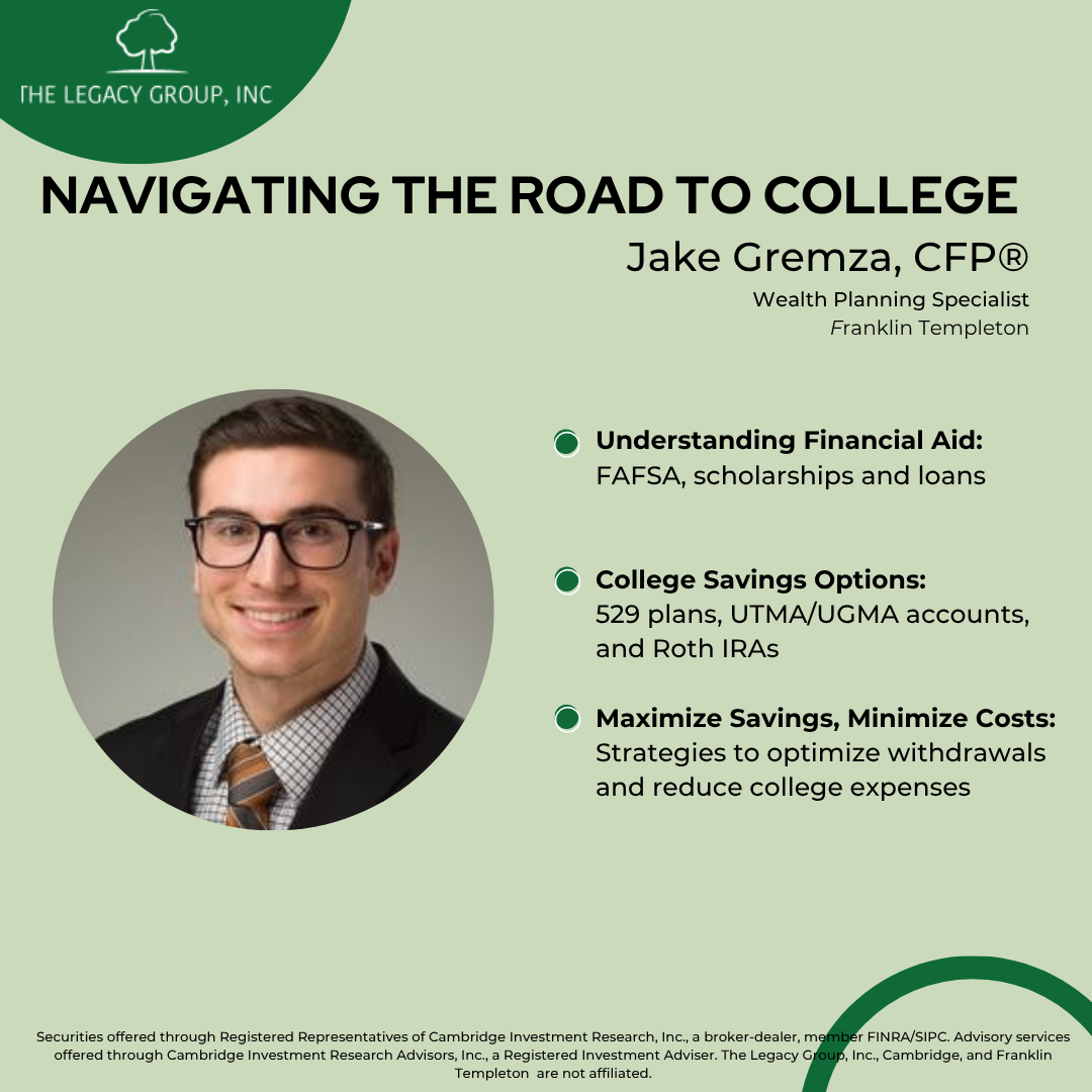 Flyer for “Navigating the Road to College” with headshot and bullets on financial aid, savings, and minimizing costs