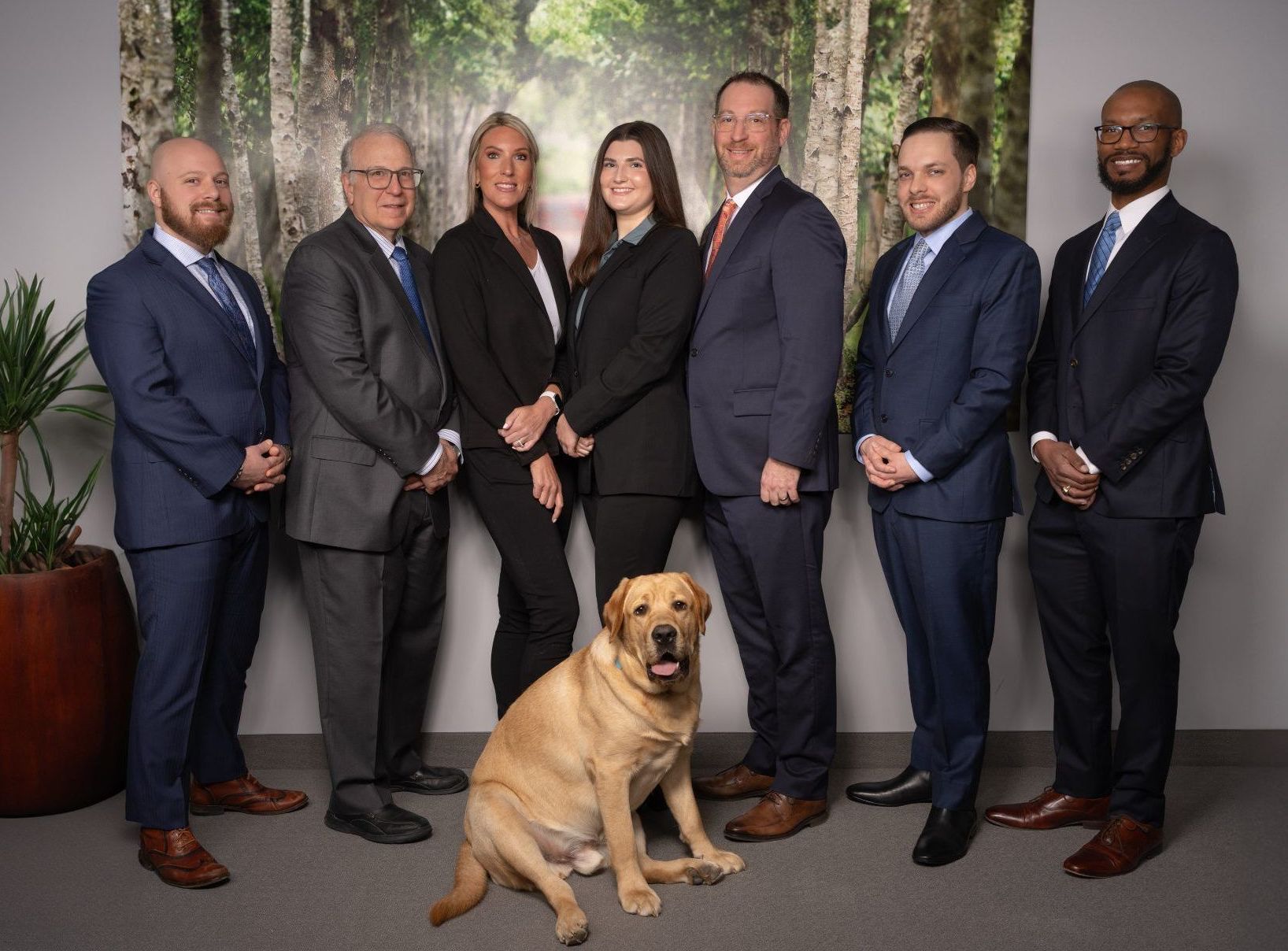 Seven people in business attire pose with a tan dog in front of a leafy backdrop.