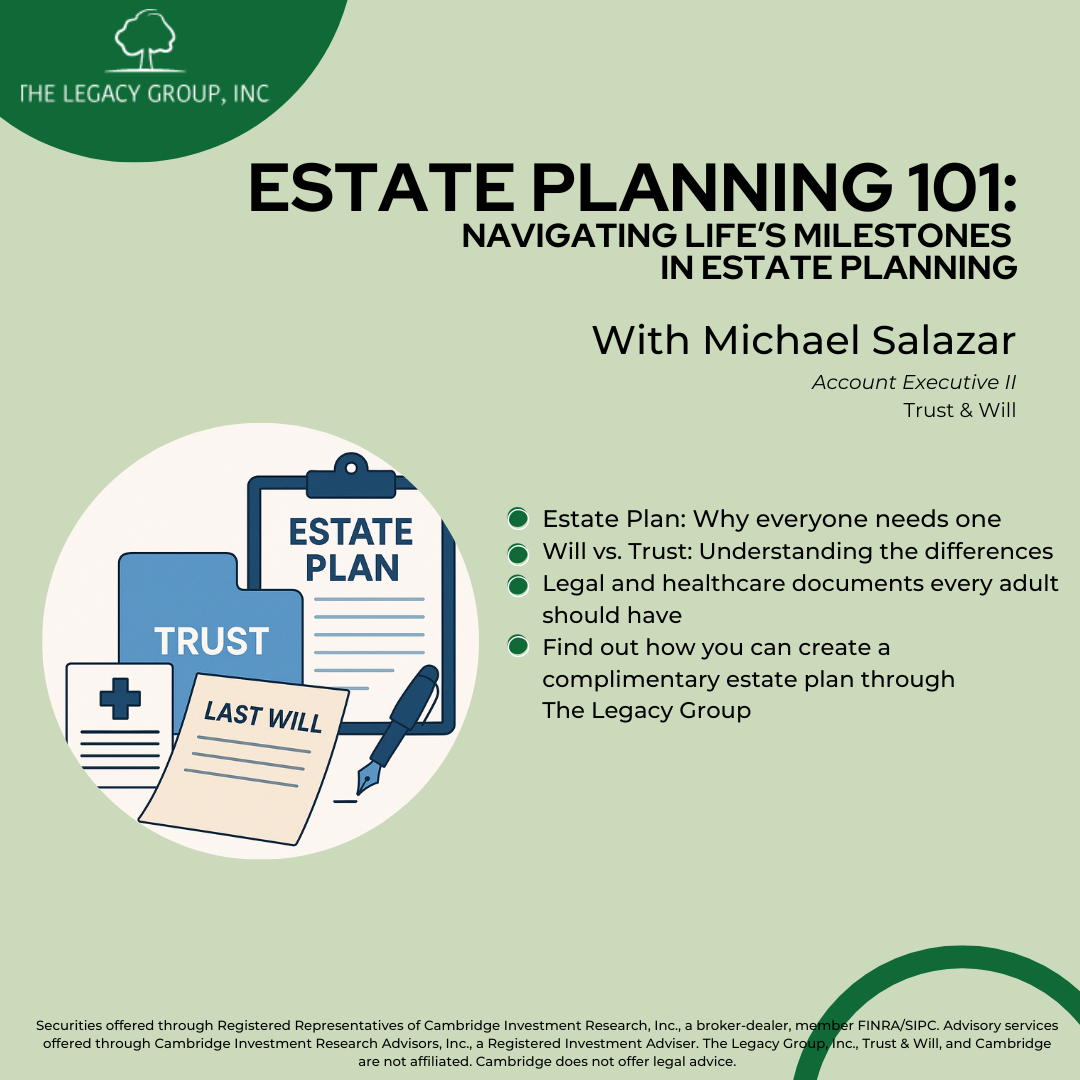 Estate planning 101 poster with trust and last will icons, green and beige background, by Michael Salazar