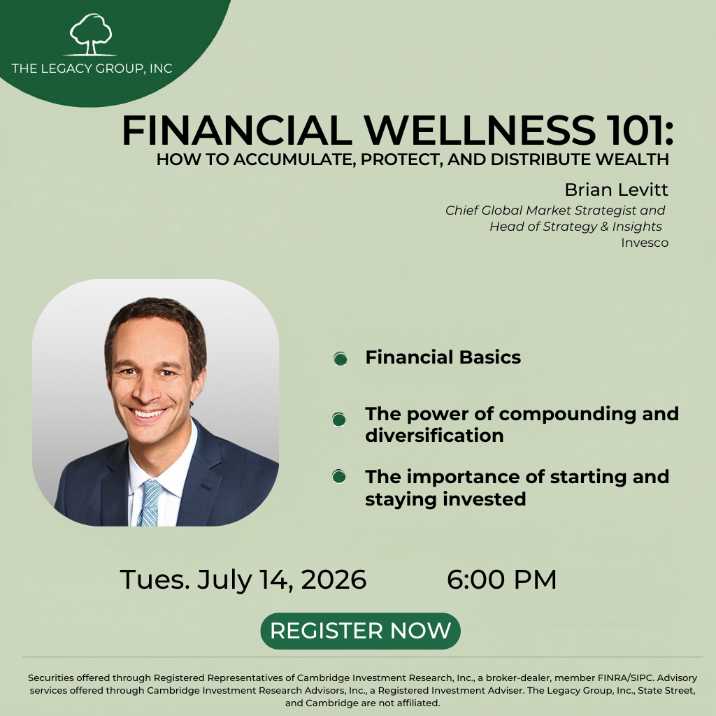 Estate planning webinar flyer with green accents, trust and last will icons, and a “Register Now” button
