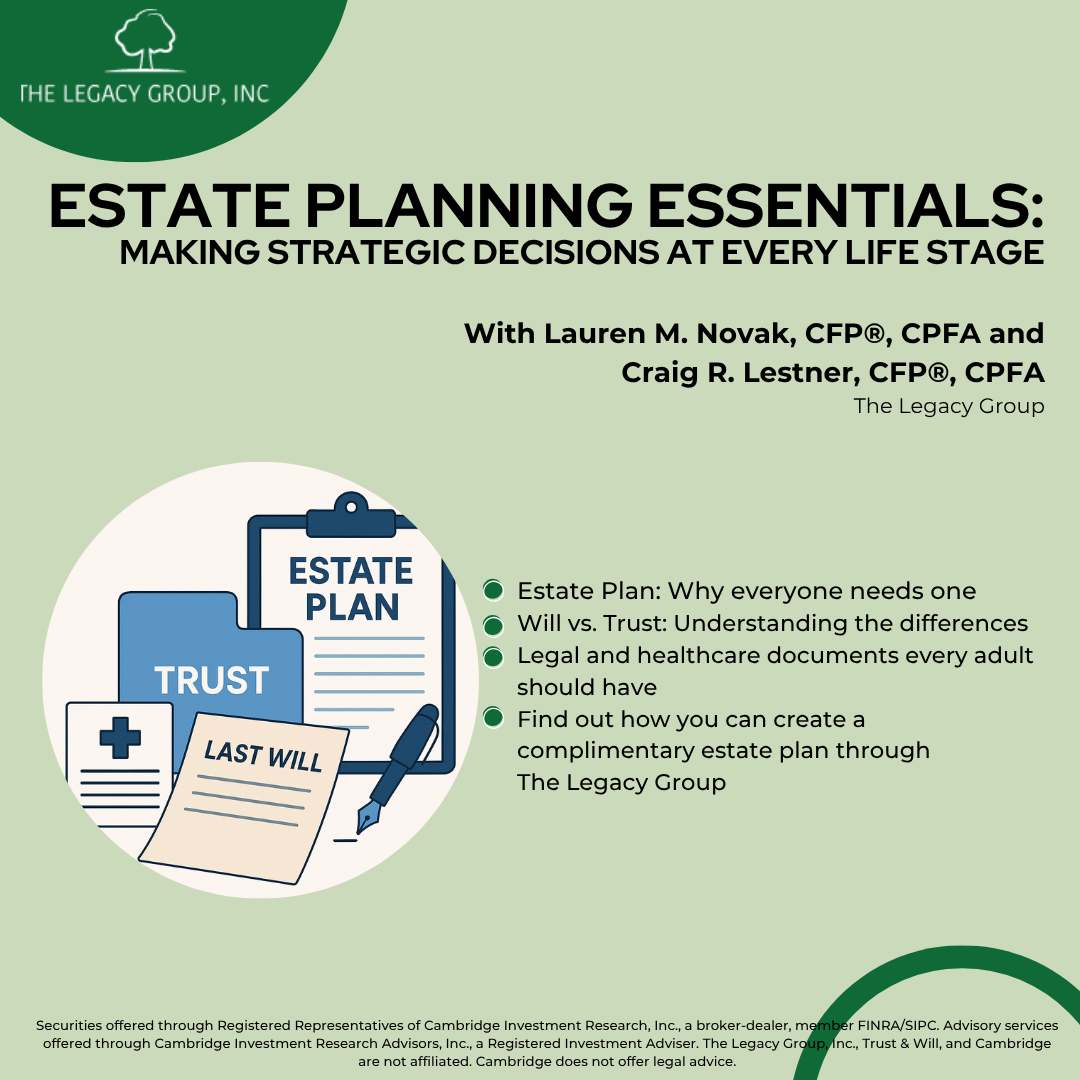 Estate planning webinar flyer with green accents, trust and last will icons, and a “Register Now” button