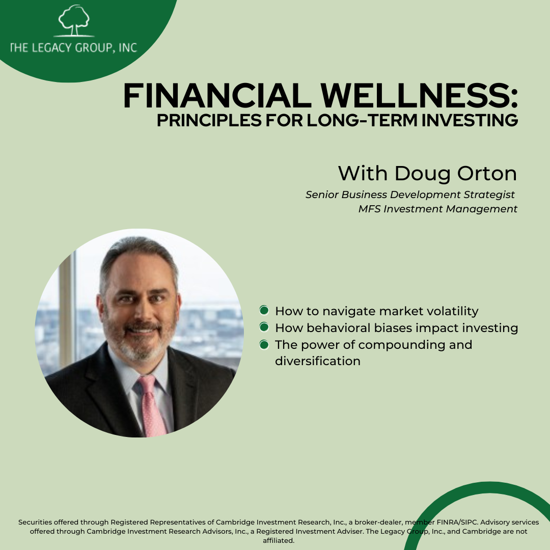 Promotional flyer for “Financial Wellness: Principles for Long-Term Investing” with Doug Orton and headshot.