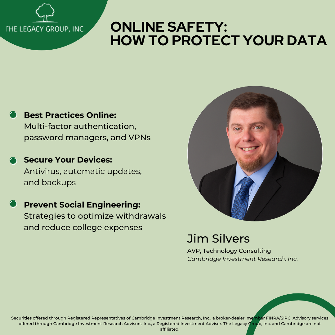 Online safety poster with tips and a portrait of Jim Silvers on a green background.