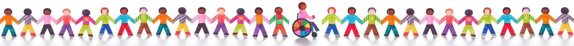 Row of colorful stick figures standing side by side on a white background