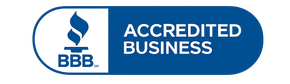 BBB Accredited Business logo in blue and white with the BBB torch icon.
