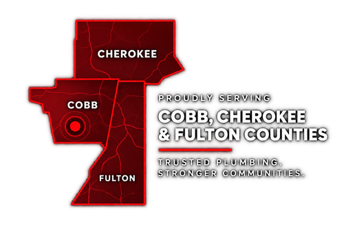 Map highlighting Cherokee, Cobb, and Fulton counties with red outlines and white service text.