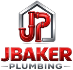 JBAKER Plumbing logo with red pipe house icon and bold red and gray text