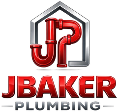 JBAKER Plumbing logo with red pipe house icon and bold red and gray text