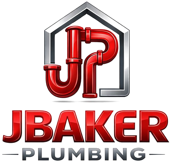 JBAKER Plumbing logo with red pipe house icon and bold red and gray text