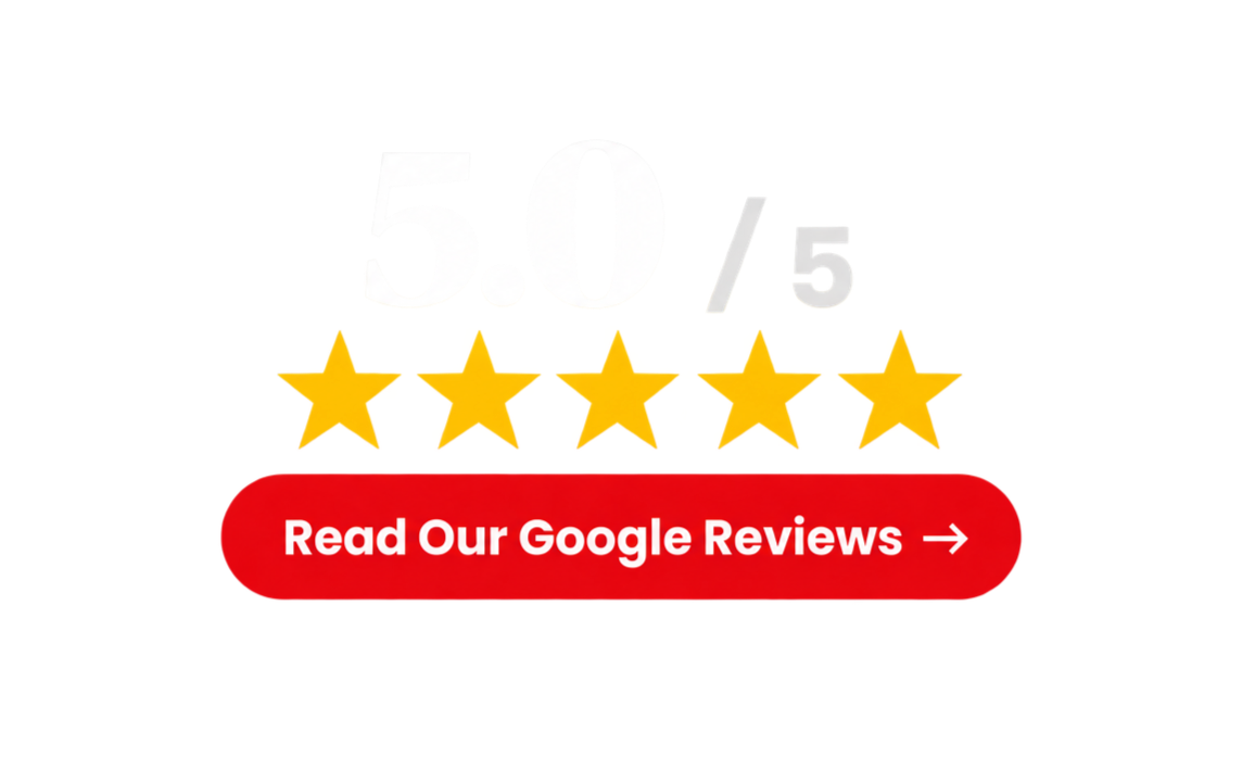 Five gold stars above a red “Read Our Google Reviews” button with a “5/5” rating.