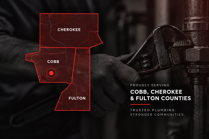 Map highlighting Cobb, Cherokee and Fulton counties over a dark background with firefighter gear and safety text