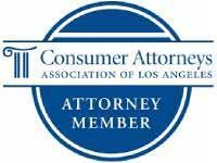 Blue circular Consumer Attorneys Association of Los Angeles “Attorney Member” logo with white banner text