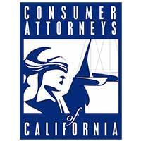 Consumer Attorneys of California logo in blue and white with stylized scales of justice and profile silhouette