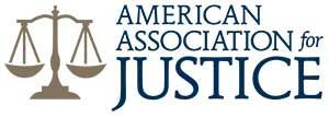 American Association for Justice logo with scales of justice icon and blue text on white background