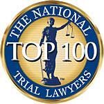 The National Trial Lawyers Top 100 gold and blue circular badge with Statue of Liberty silhouette