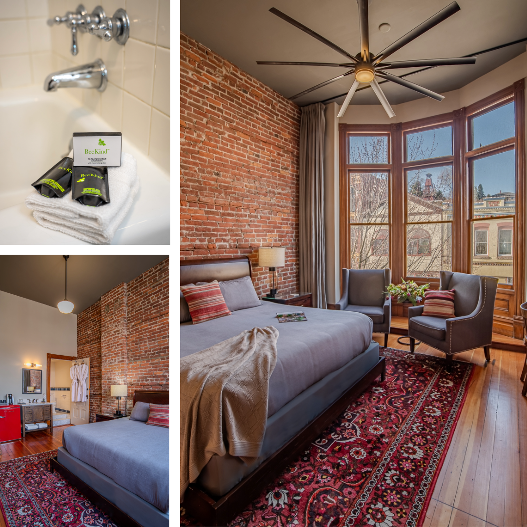 A bedroom with a large bed and a ceiling fan