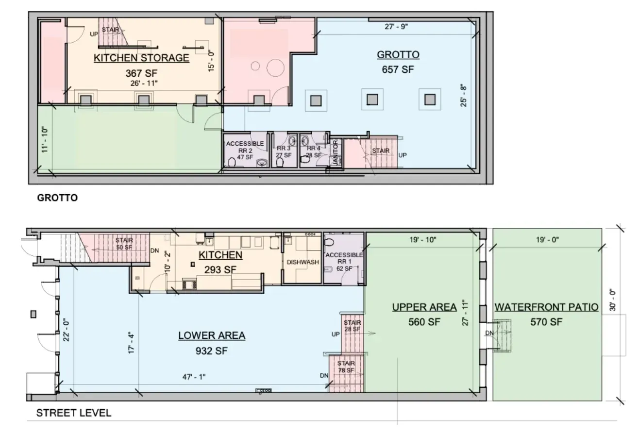 A floor plan of a building showing the upper and lower levels