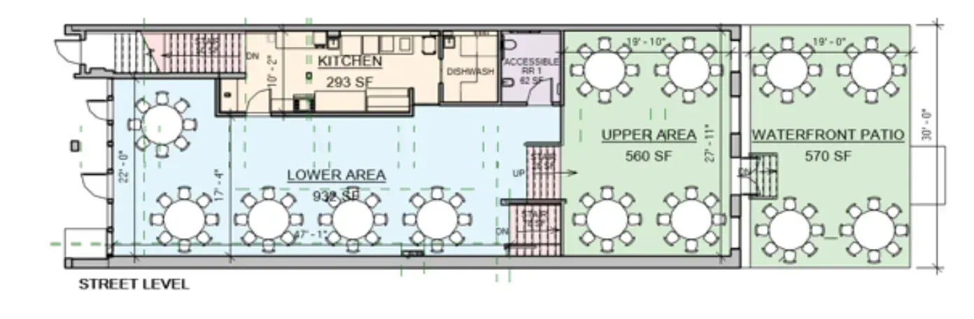 A floor plan of a restaurant with tables and chairs
