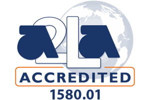The A2LA Accredited logo featuring a globe graphic and the certificate number 1580.01.