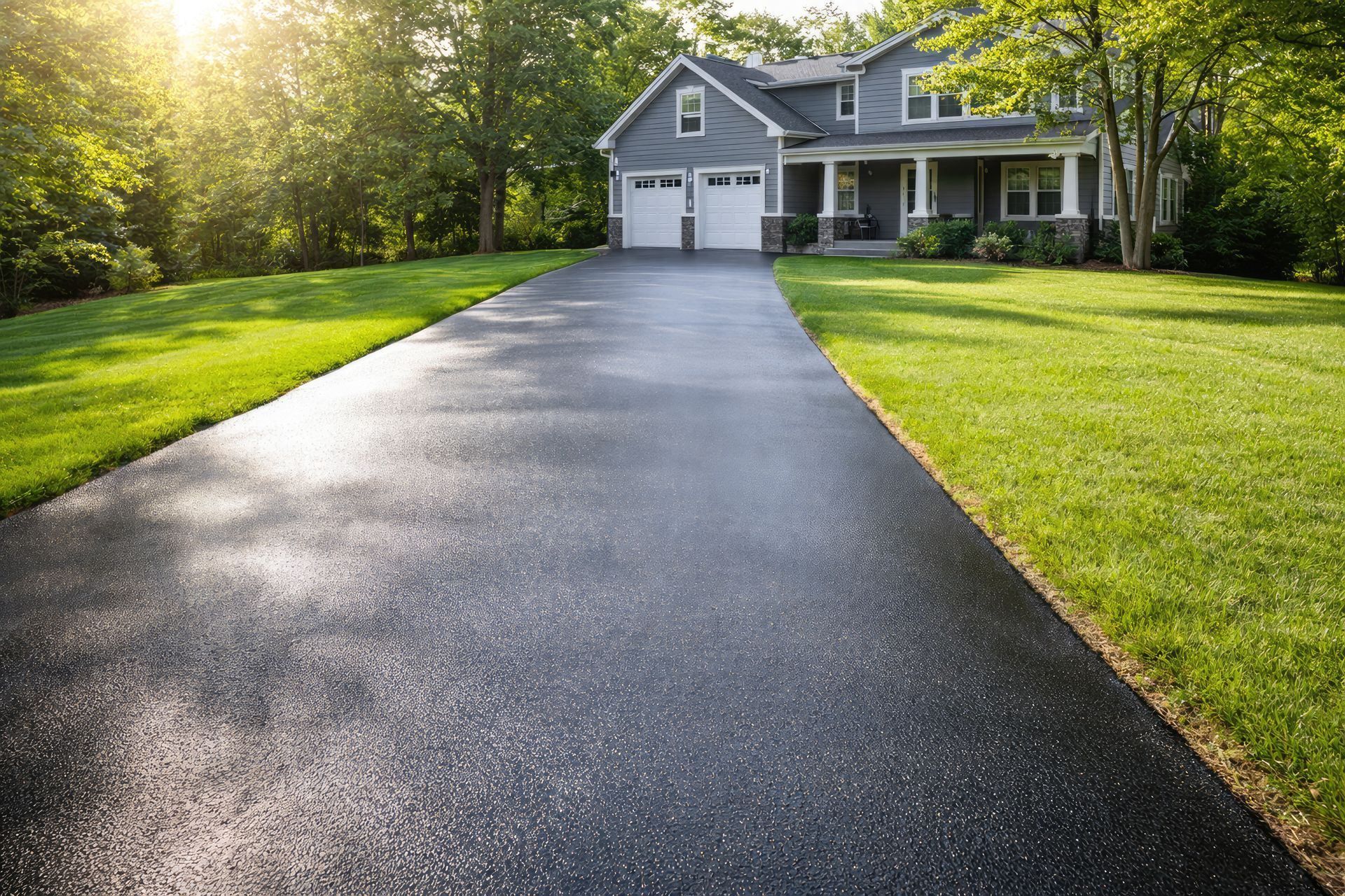 Fresh asphalt driveway paving leading to a beautiful grey suburban home with a green lawn.
