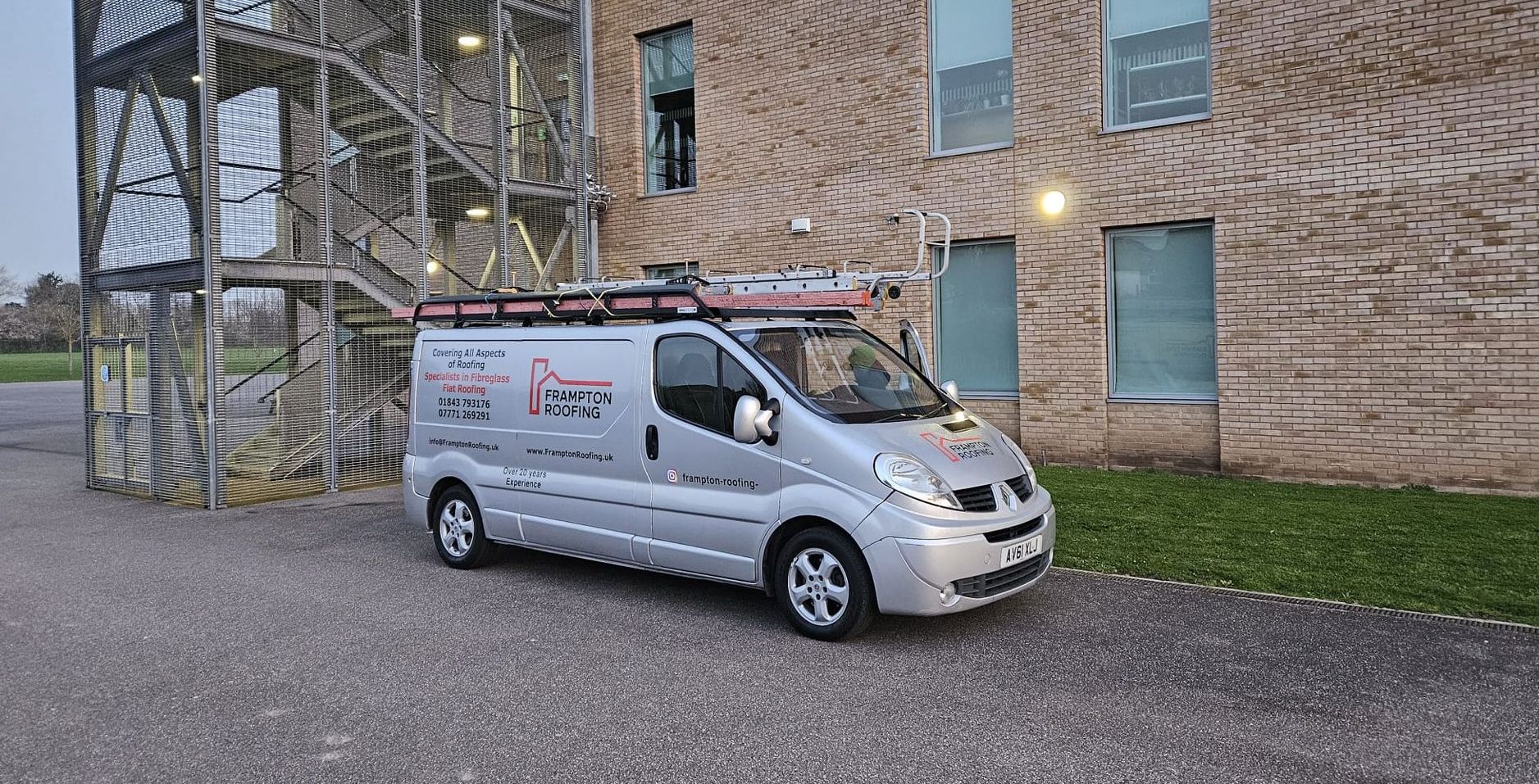 Frampton Roofing van on site for the rainwater outlet repair at St George's School