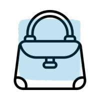 An icon of a purse with a handle on a blue background.