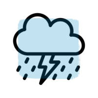 A cloud with a lightning bolt and rain drops coming out of it.
