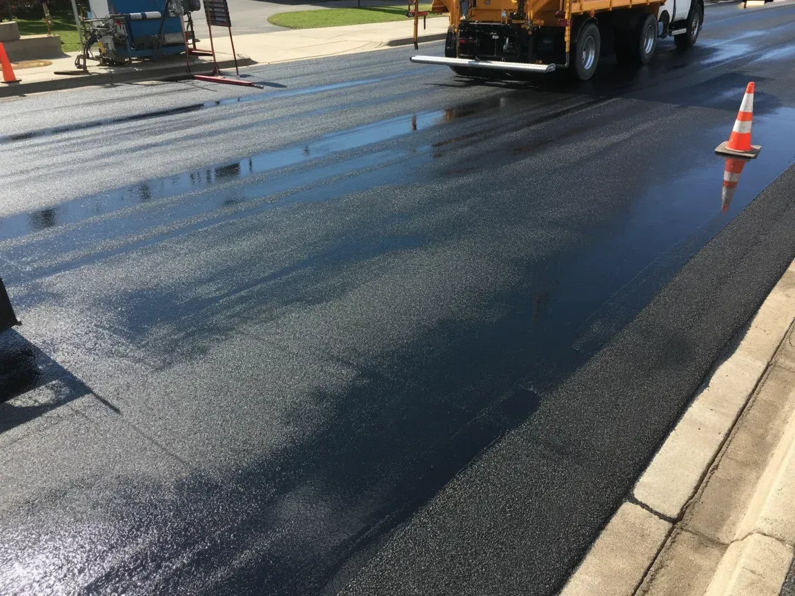 Newly paved road surface with a truck and equipment; an orange cone is visible.