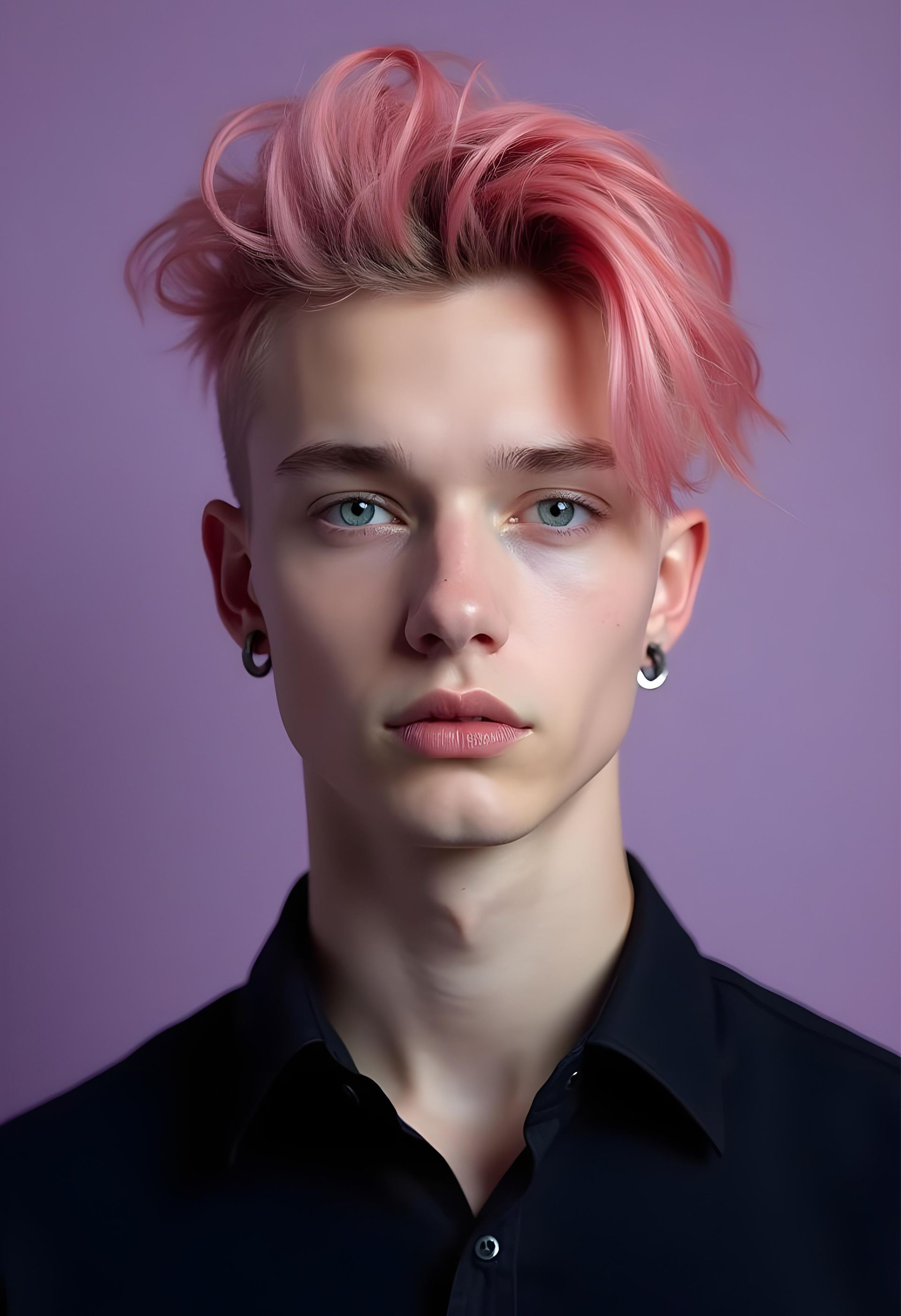 Man met roze haar en oorpiercings, gekleed in een zwart shirt, tegen een paarse achtergrond.
