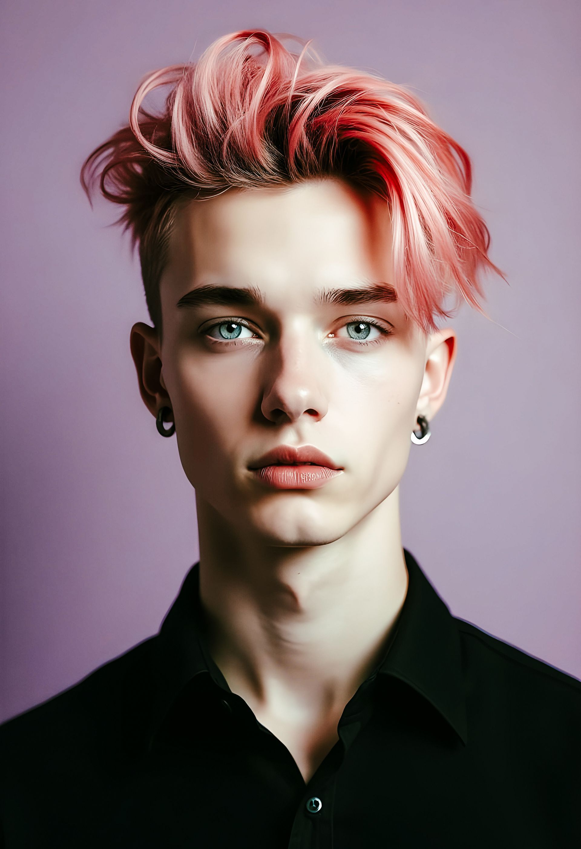 Jong persoon met roze haar en oorpiercings, gekleed in een zwart shirt, tegen een paarse achtergrond.
