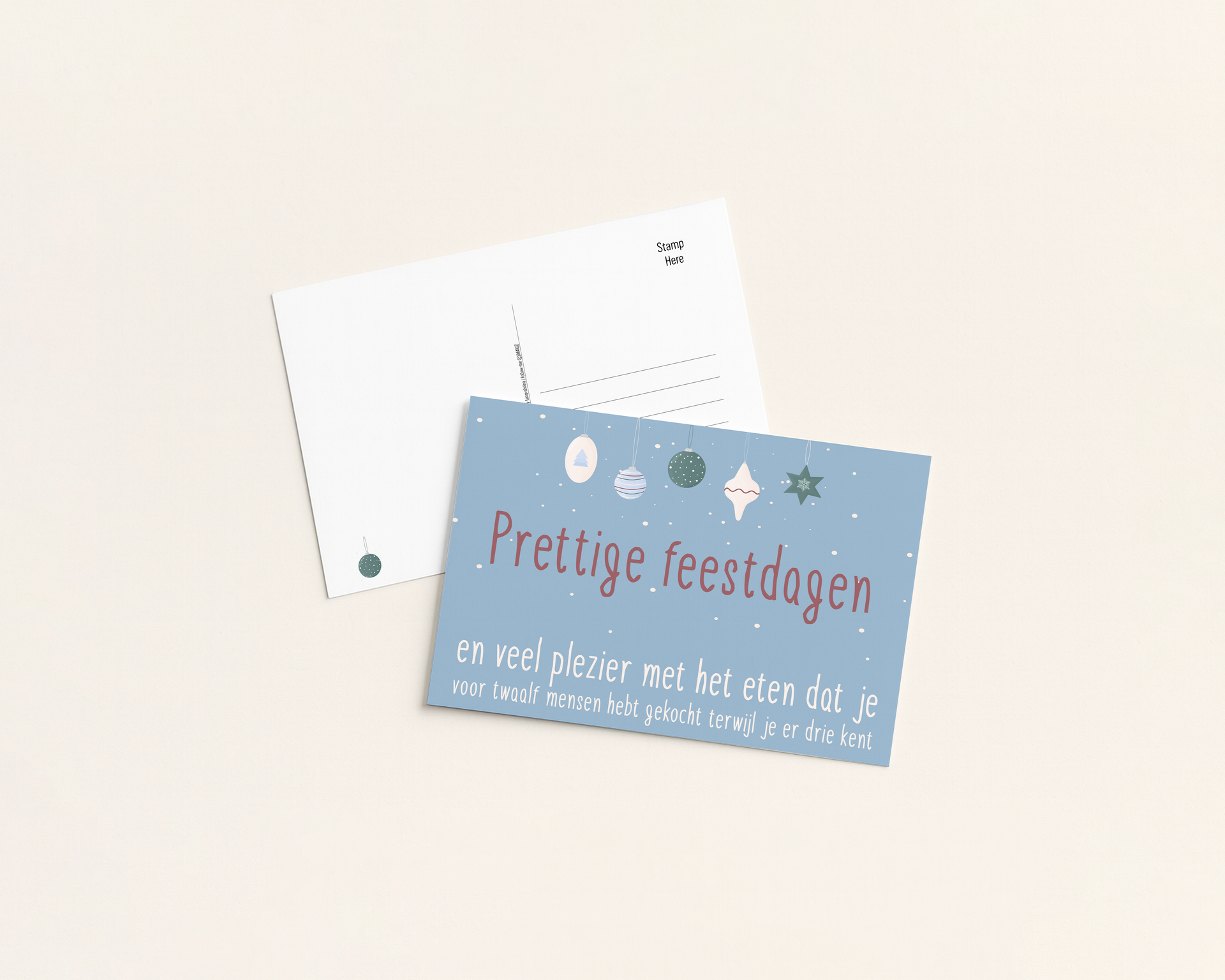 Postcard with "Prettige feestdagen" text, on a blue background, next to a blank postcard.