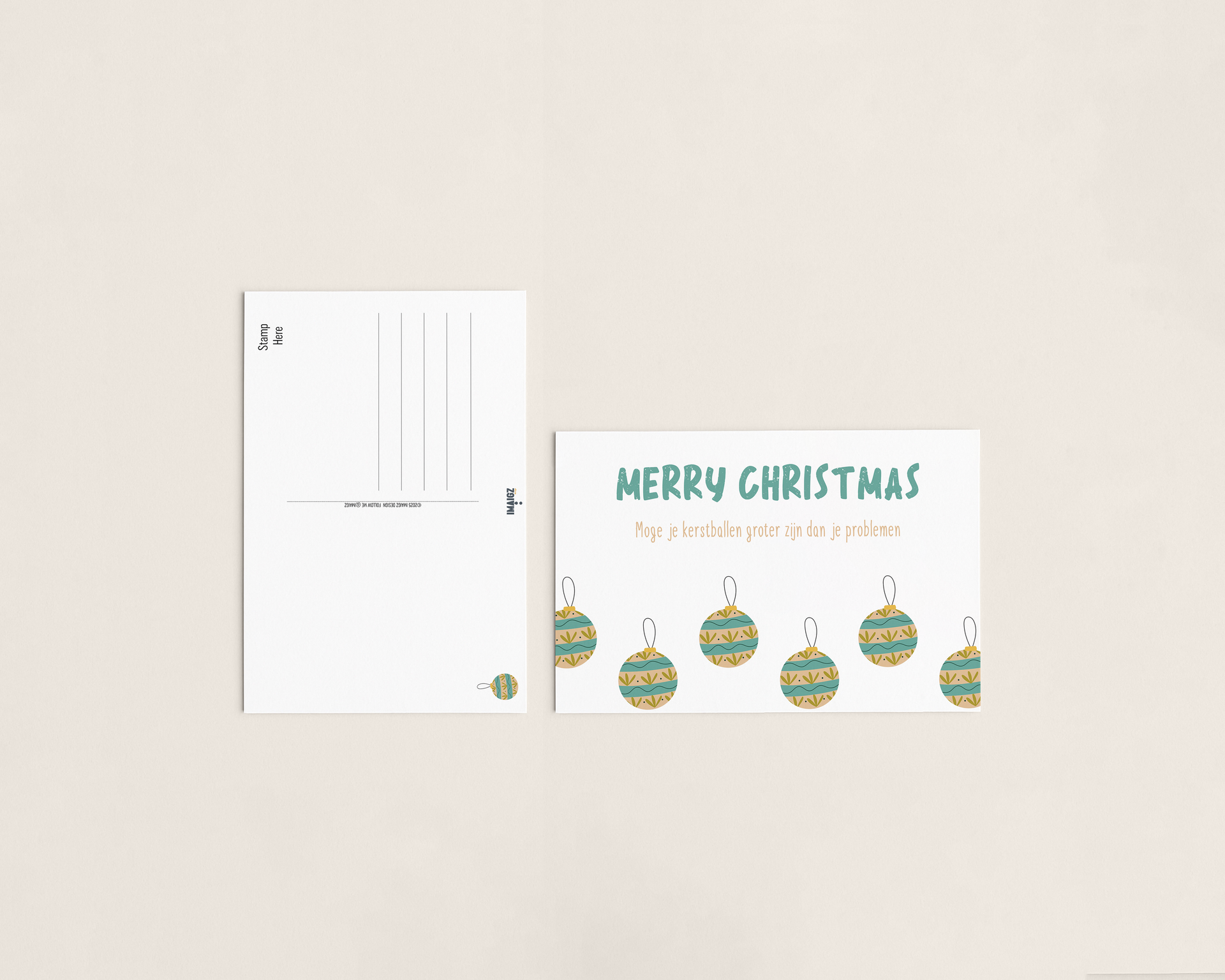 Christmas postcard design with ornaments.