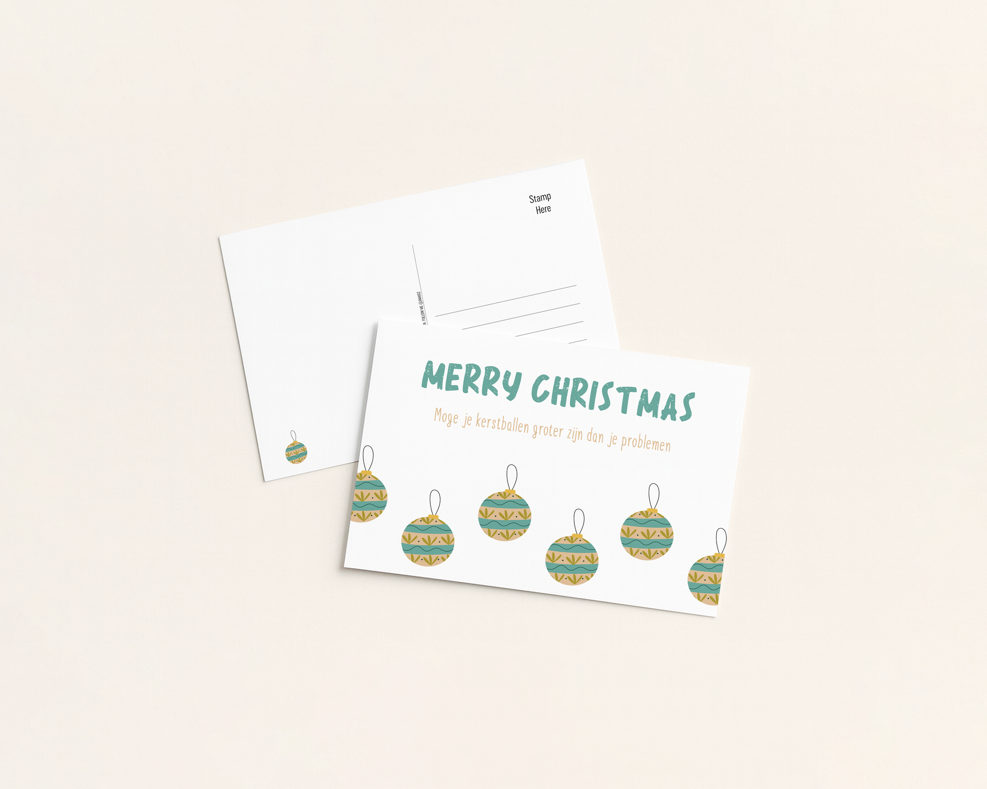 Christmas postcard design with ornaments. "Merry Christmas" text. White background.