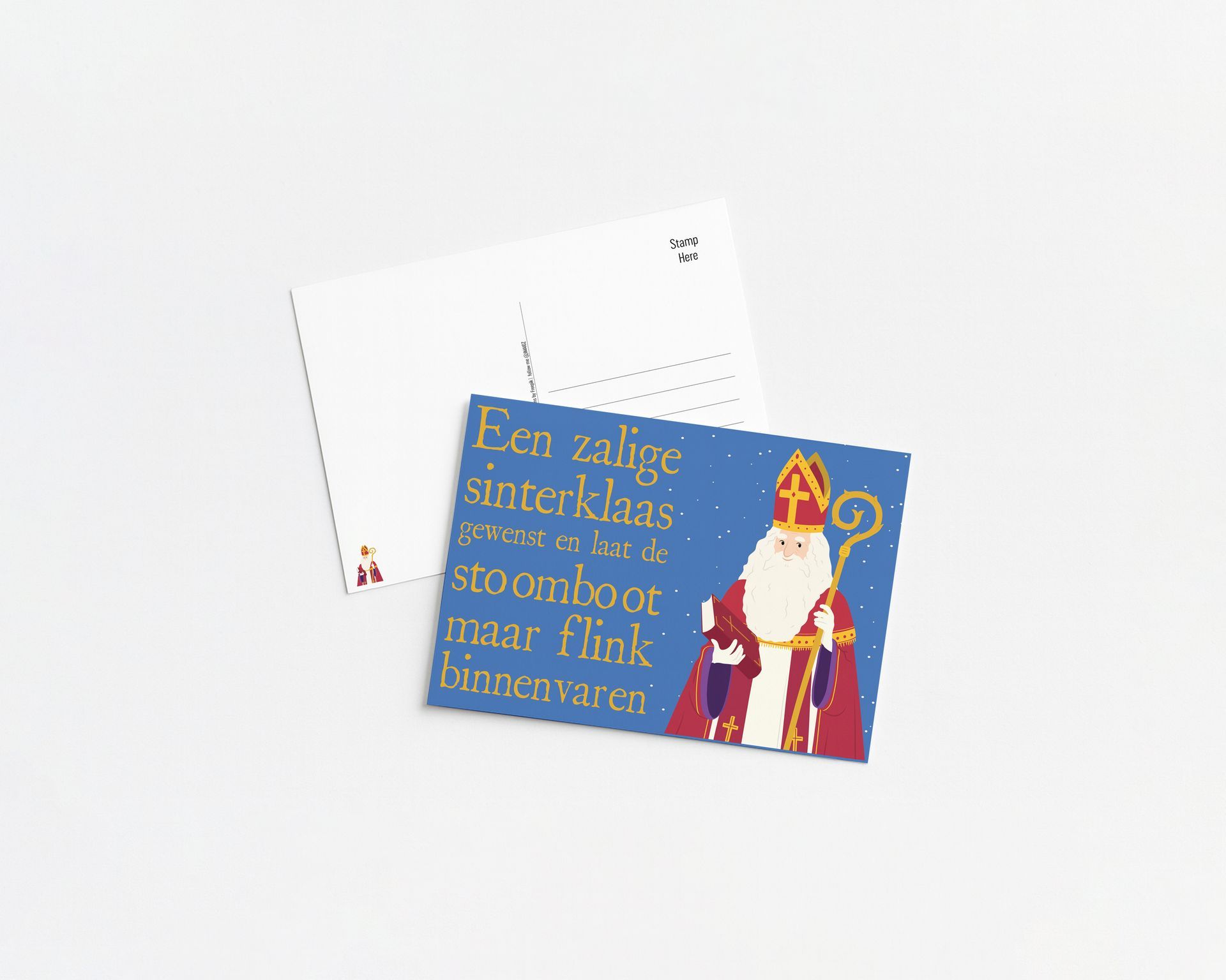 A Sinterklaas card with a wooden stand, featuring a cartoon illustration of Sinterklaas and Dutch text on a blue background.