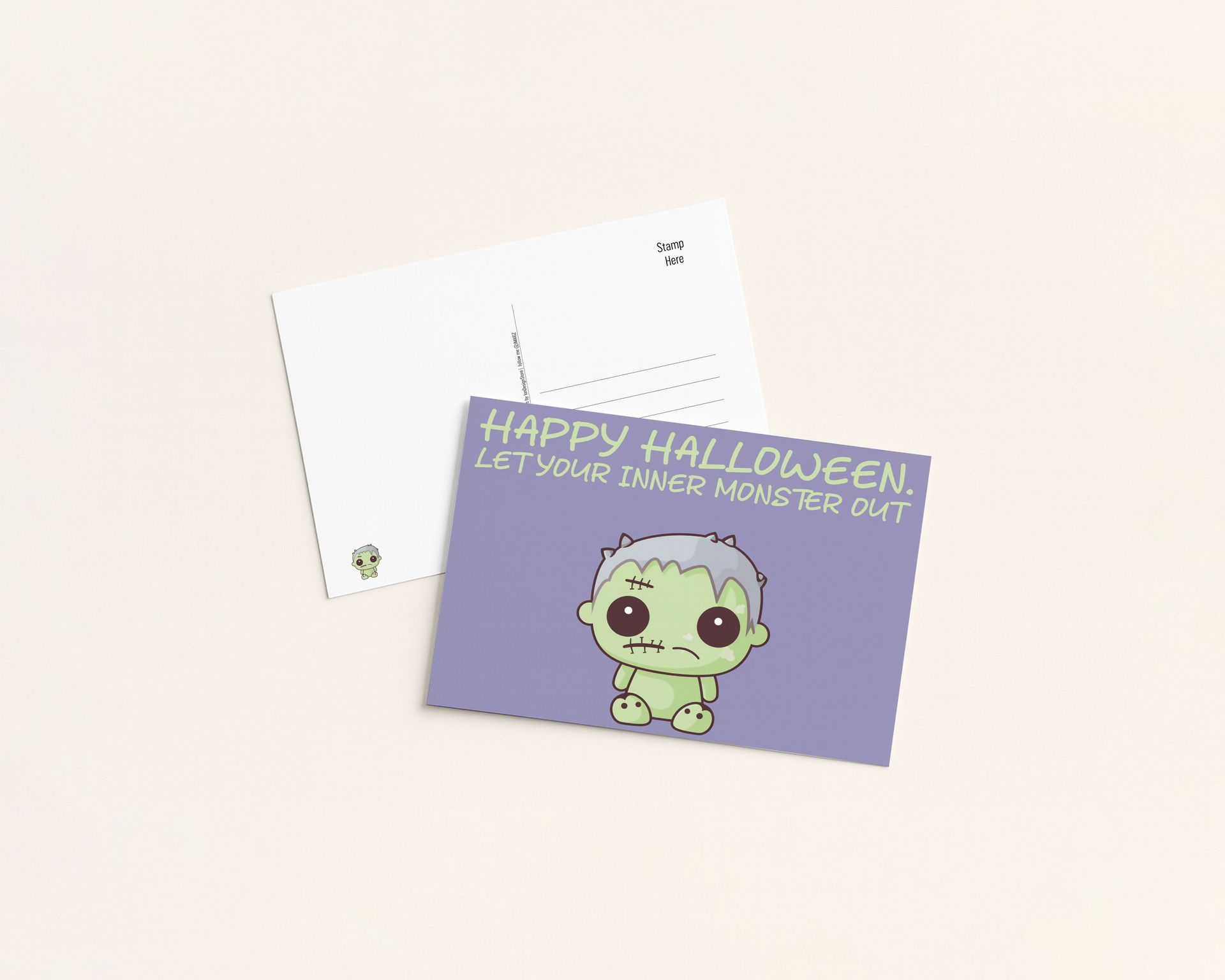 Halloween greeting card with cartoon Frankenstein, text