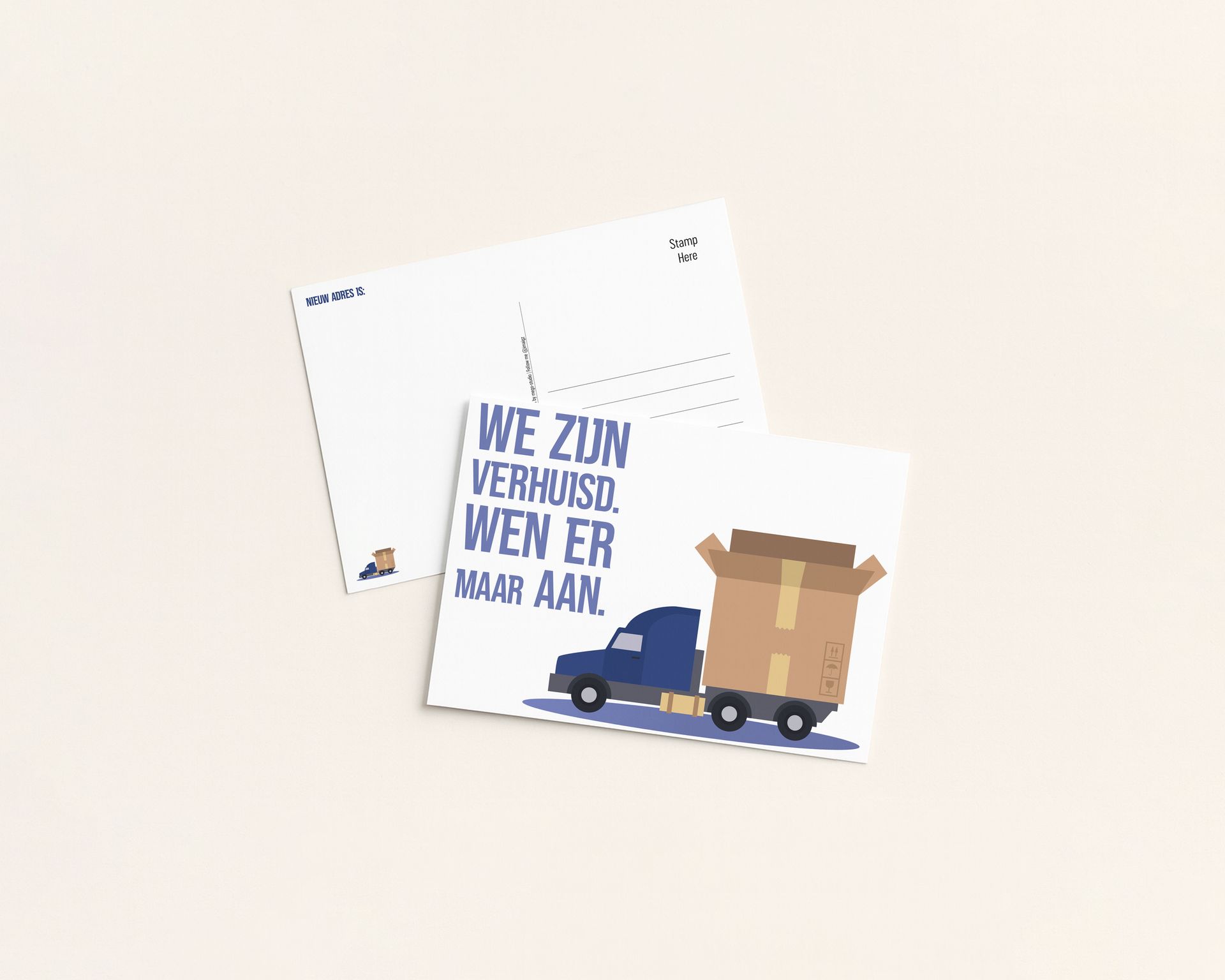 Blue truck carrying cardboard box on a card, text: