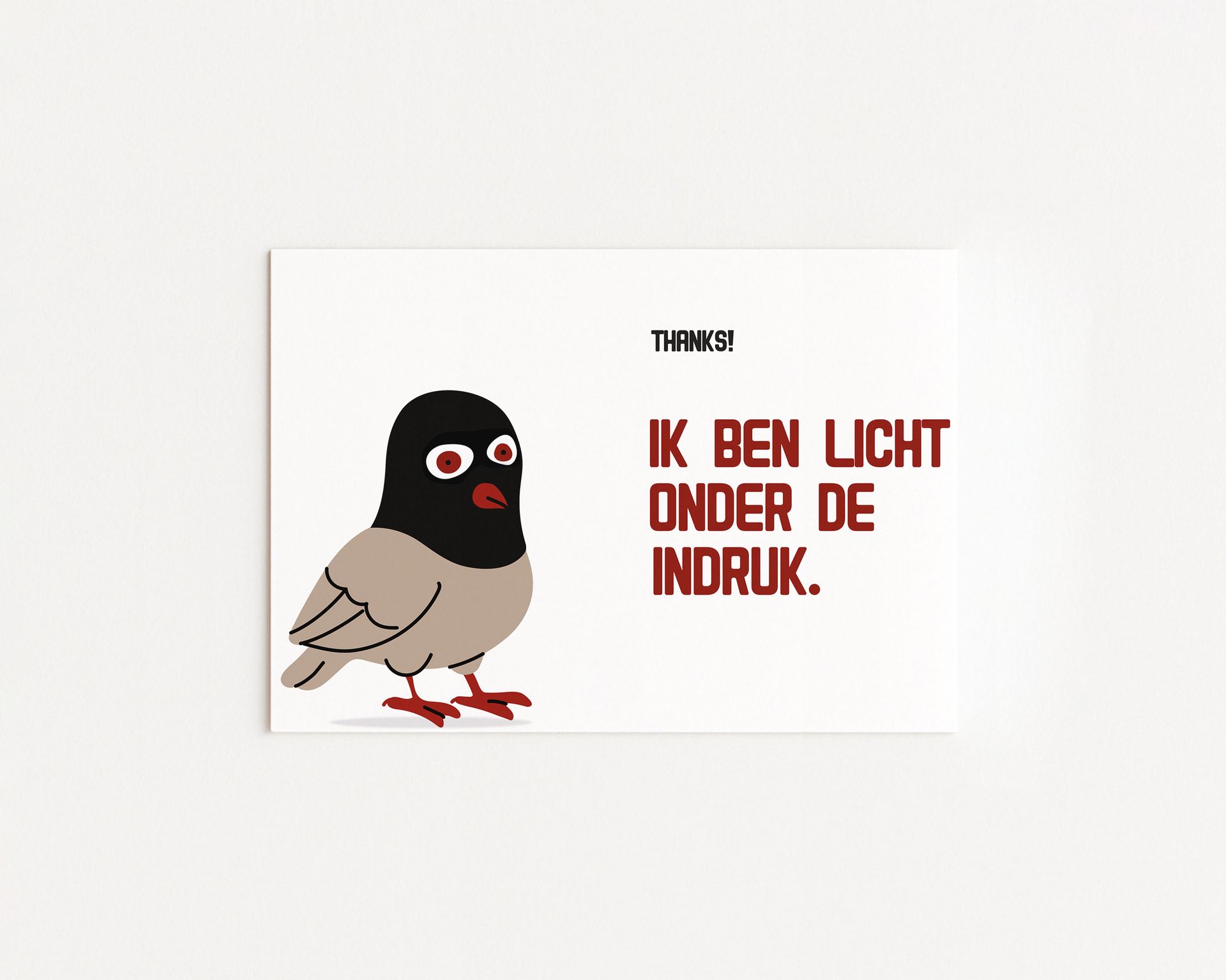 Wenskaart met een cartoonduif met een skimasker en de tekst