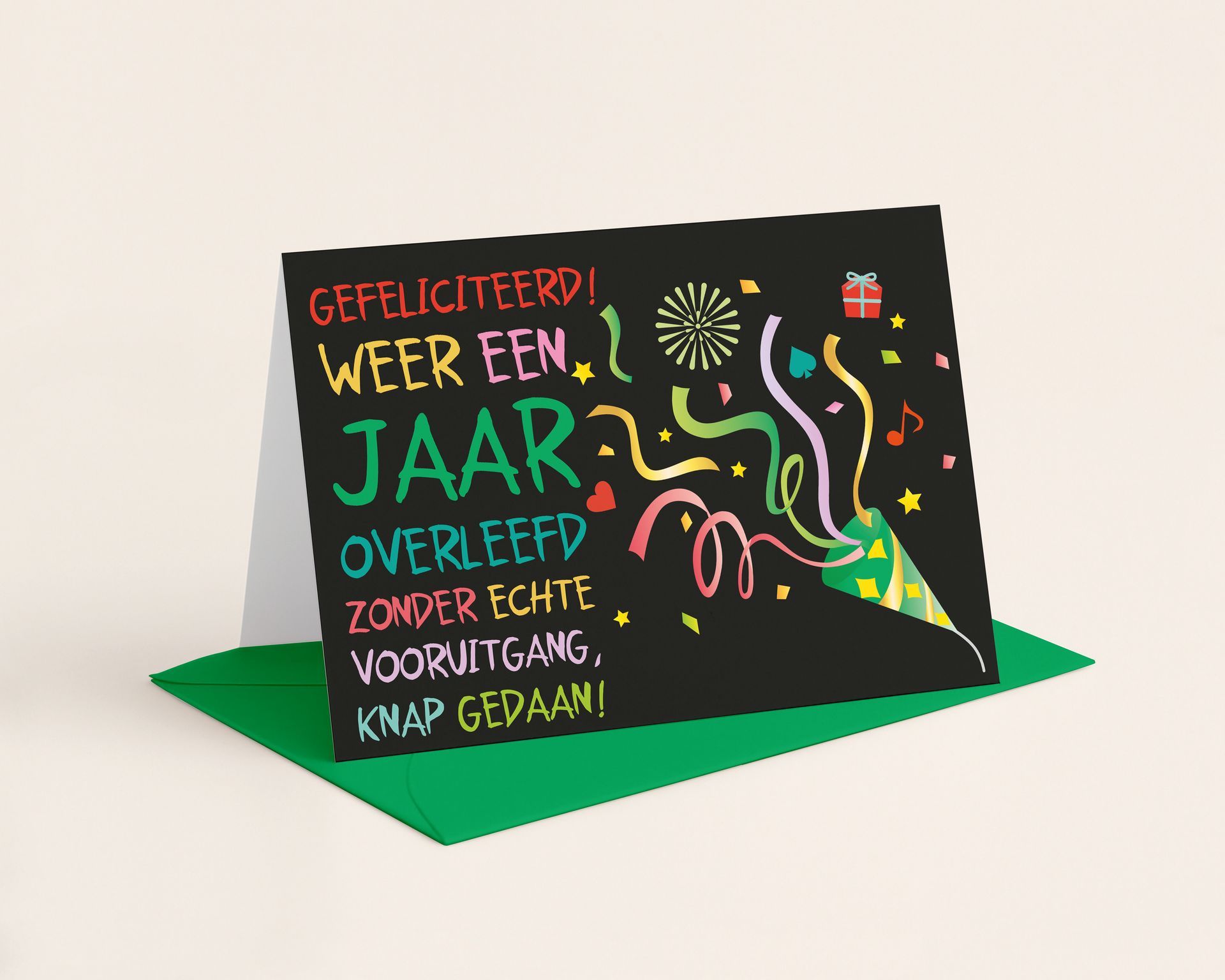 Black sign with birthday message and confetti, in wooden stand.
