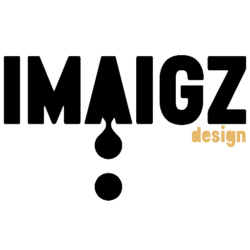 IMAIGZ logo with a dripping design element. Black block letters and a gold "design" text.