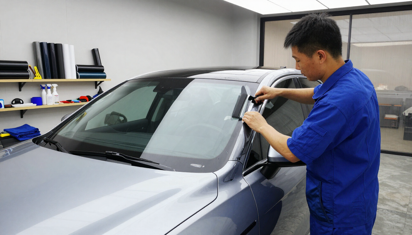Técnico aplicando lámina protectora al parabrisas de un coche en un taller.