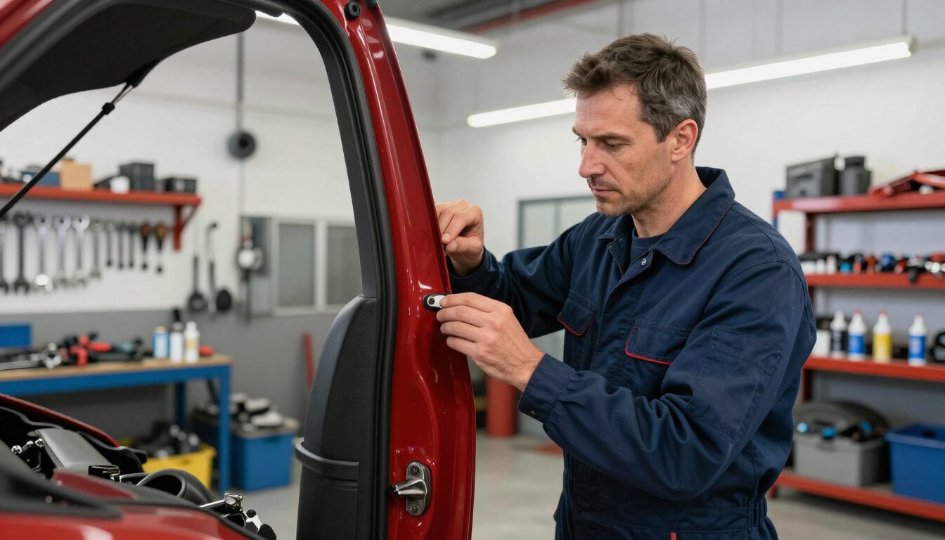 Mecánico inspeccionando el interior de la puerta de un coche rojo en un taller mecánico bien iluminado.