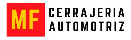 Logotipo de MF Cerrajería Automotriz con texto rojo, amarillo y negro sobre fondo blanco.