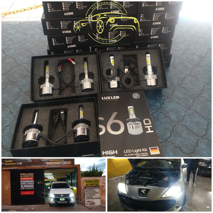 Kit de subwoofer y altavoces para audio de automóvil exhibido en cajas negras, con pequeñas fotos de una instalación de estéreo para automóvil a continuación.